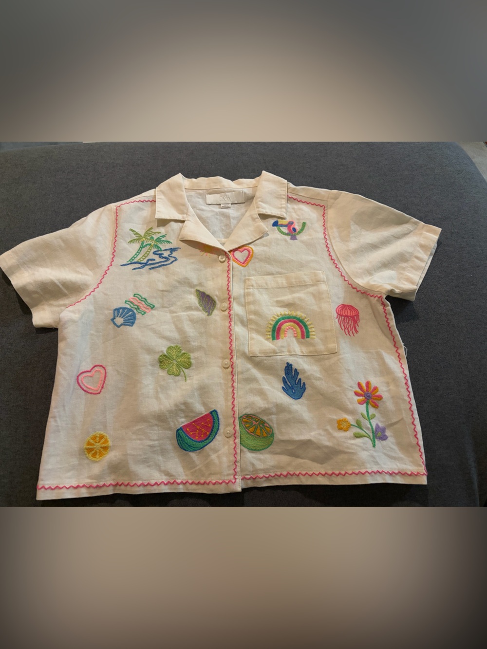 Zara Cream Button-Front Kids Shirt with Multicolor Embroidery